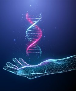 abstract-blue-giving-hand-with-flying-3d-dna-molecule