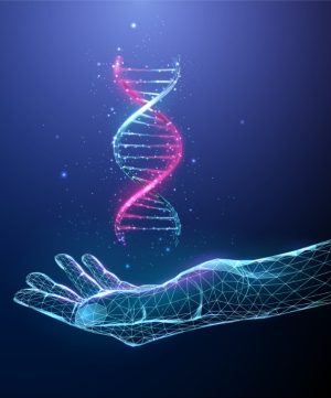 abstract-blue-giving-hand-with-flying-3d-dna-molecule
