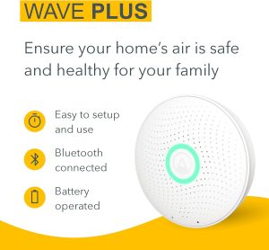Informational graphic showcasing the features of the Wave Plus air quality monitor.
