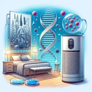 An illustration of a bedroom air quality improvement bundle with a purifier, DNA strands, and Petri dishes.